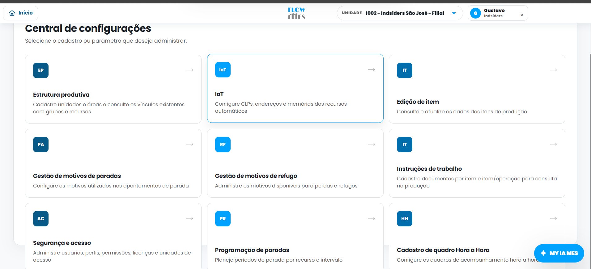 Central de configurações do FlowMES